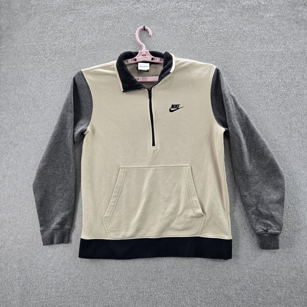 Nike Men Sweatshirt M Beige Logo Club 1/2 Zipper Long Sleeve